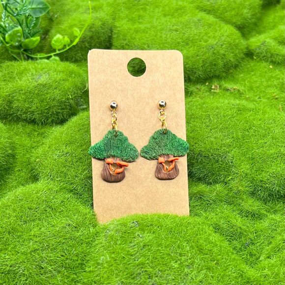 Mushroom Tree Polymer Clay Hypoallergenic Silver Tone Handmade Dangle Earrings - Picture 6 of 10